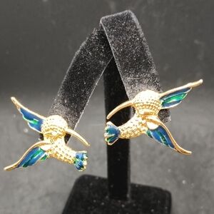 Gold and Blue Hummingbird Earrings with Enamel and Crystals